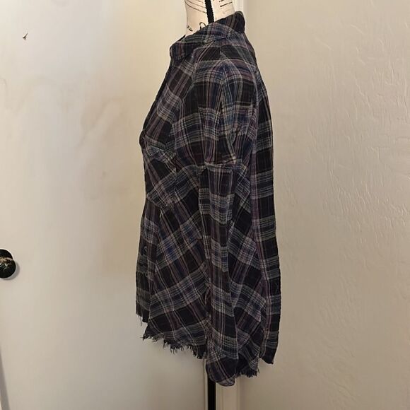 Free People Plaid Design Distressed Long Sleeve Top Casual Raw Hem Detailed Boho - Picture 2 of 11